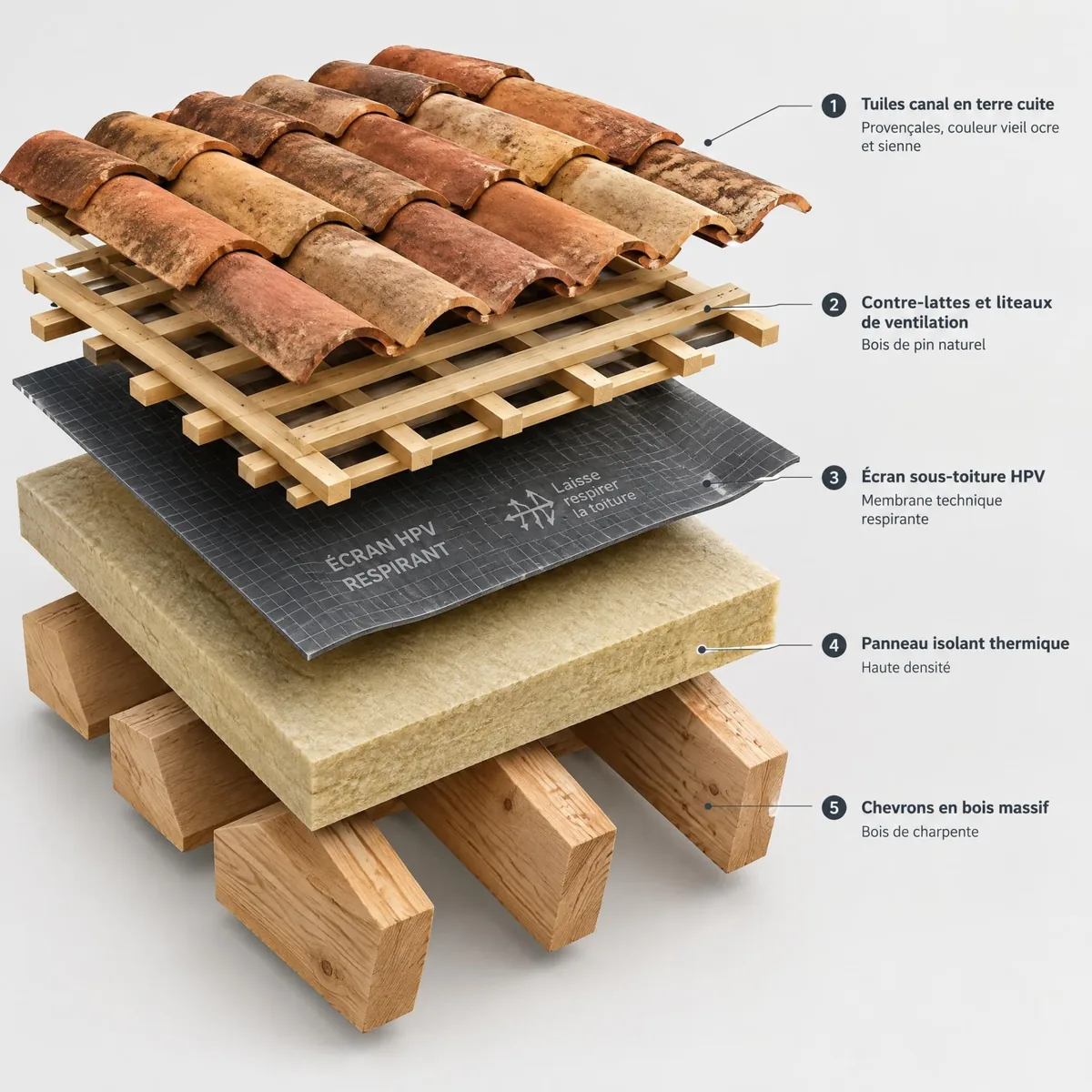Coupe isométrique d'une toiture méditerranéenne en cinq couches : tuiles canal en terre cuite, contre-lattes et liteaux de ventilation, écran sous-toiture respirant, panneau isolant thermique, chevrons en bois massif.