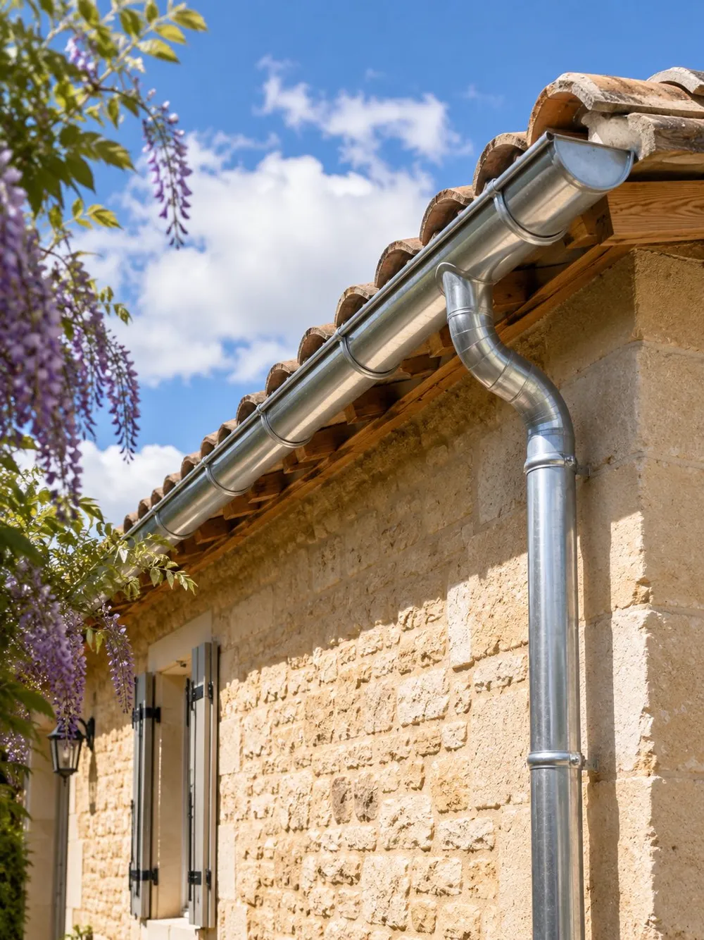 Gouttière en zinc façonné sur toiture provençale