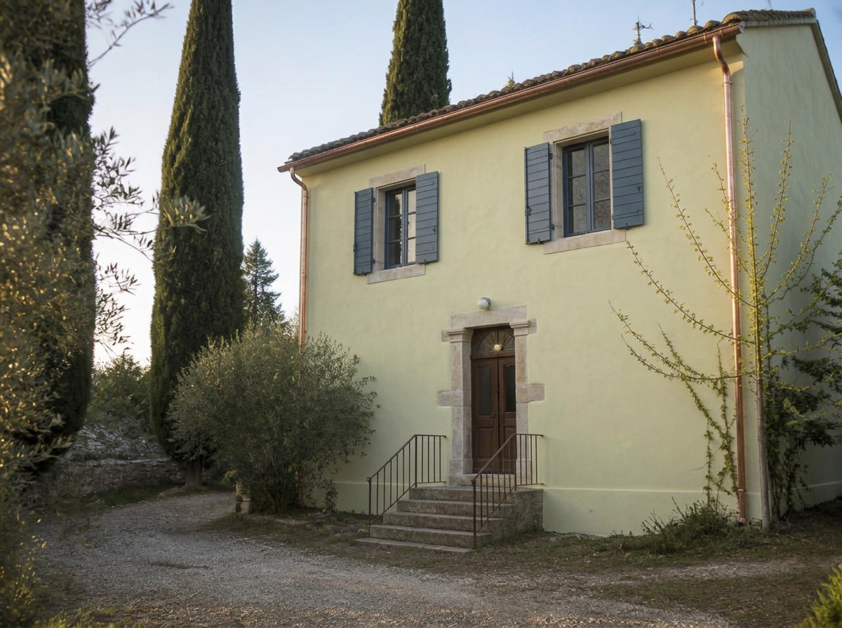 Façade de villa rénovée : enduit clair à la chaux, pierre apparente restaurée et volets bois neufs