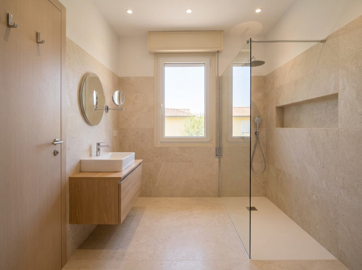 Salle de bain rénovée par notre équipe : douche à l'italienne, carrelage pierre clair et meuble en bois clair