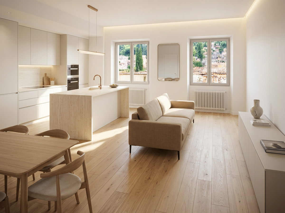 Séjour et cuisine ouverts après rénovation : parquet clair, murs blancs et îlot en pierre claire