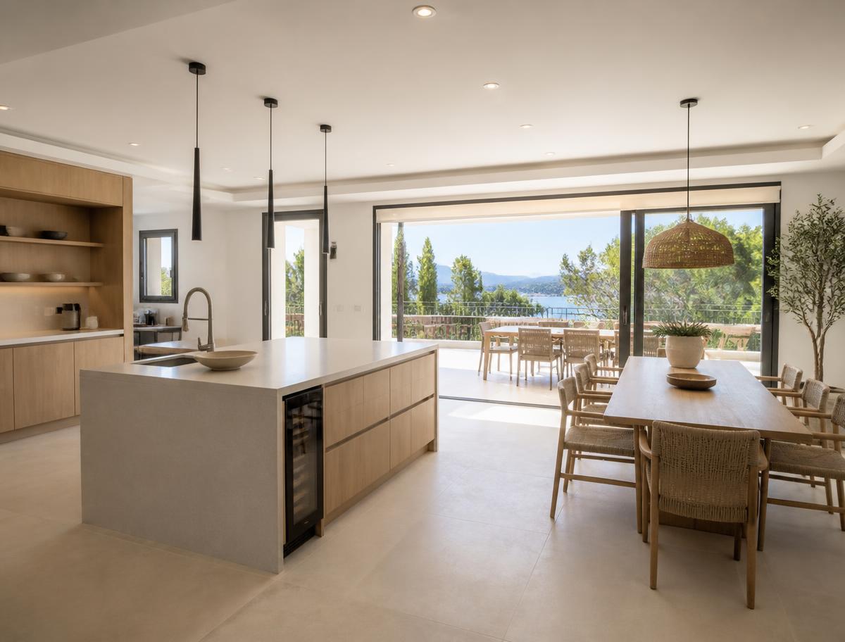 Salon entièrement rénové d'une villa azuréenne aux tons pierre et blanc