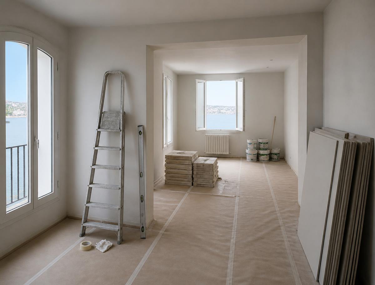 Chantier de peinture intérieure propre et organisé dans un logement rénové